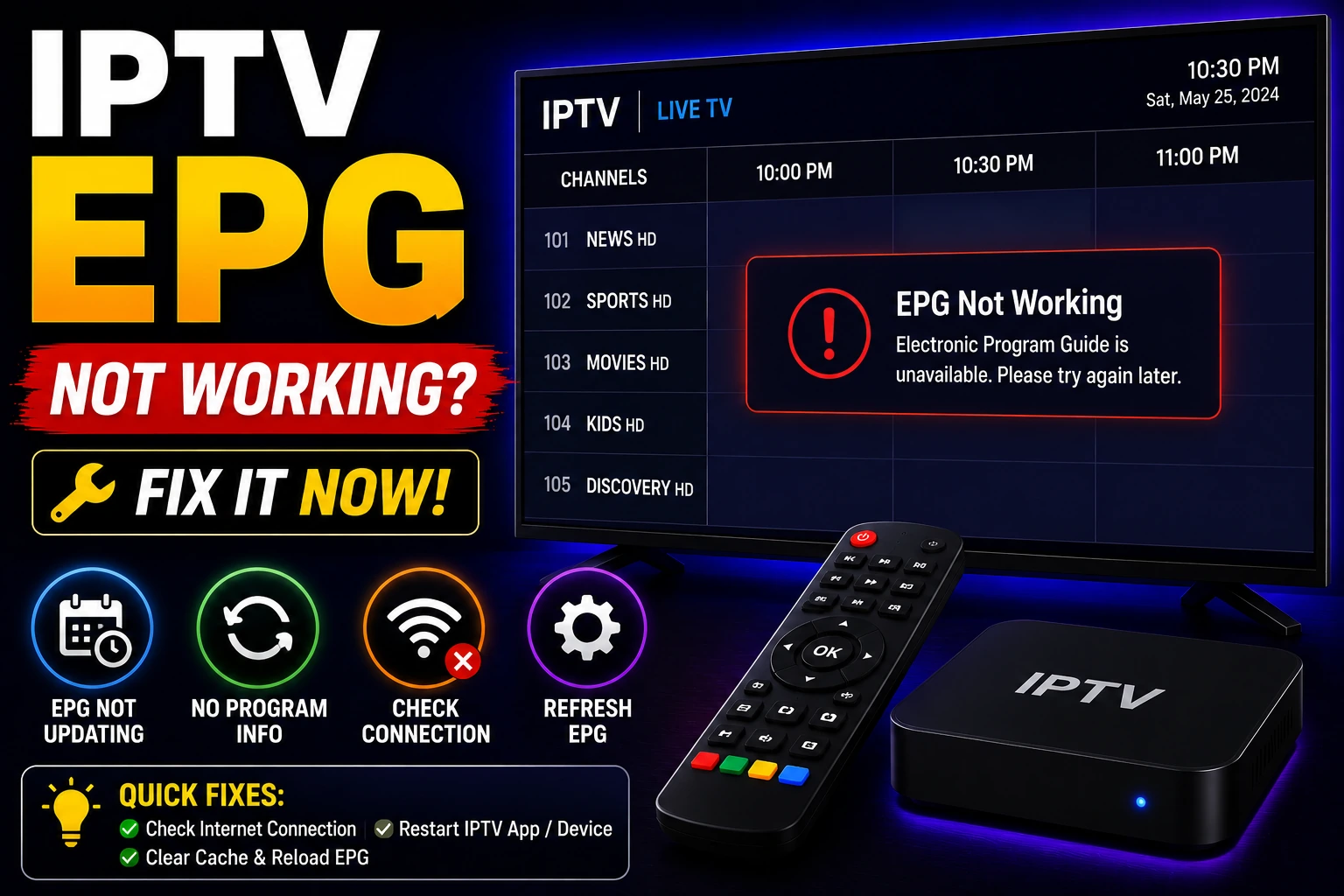 EPG Not Working on IPTV - Fix TV Guide Issues - Complete IPTV EPG guide. Learn what EPG is, how to setup and configure EPG, find EPG sources, fix common issues, and optimize TV guide display.