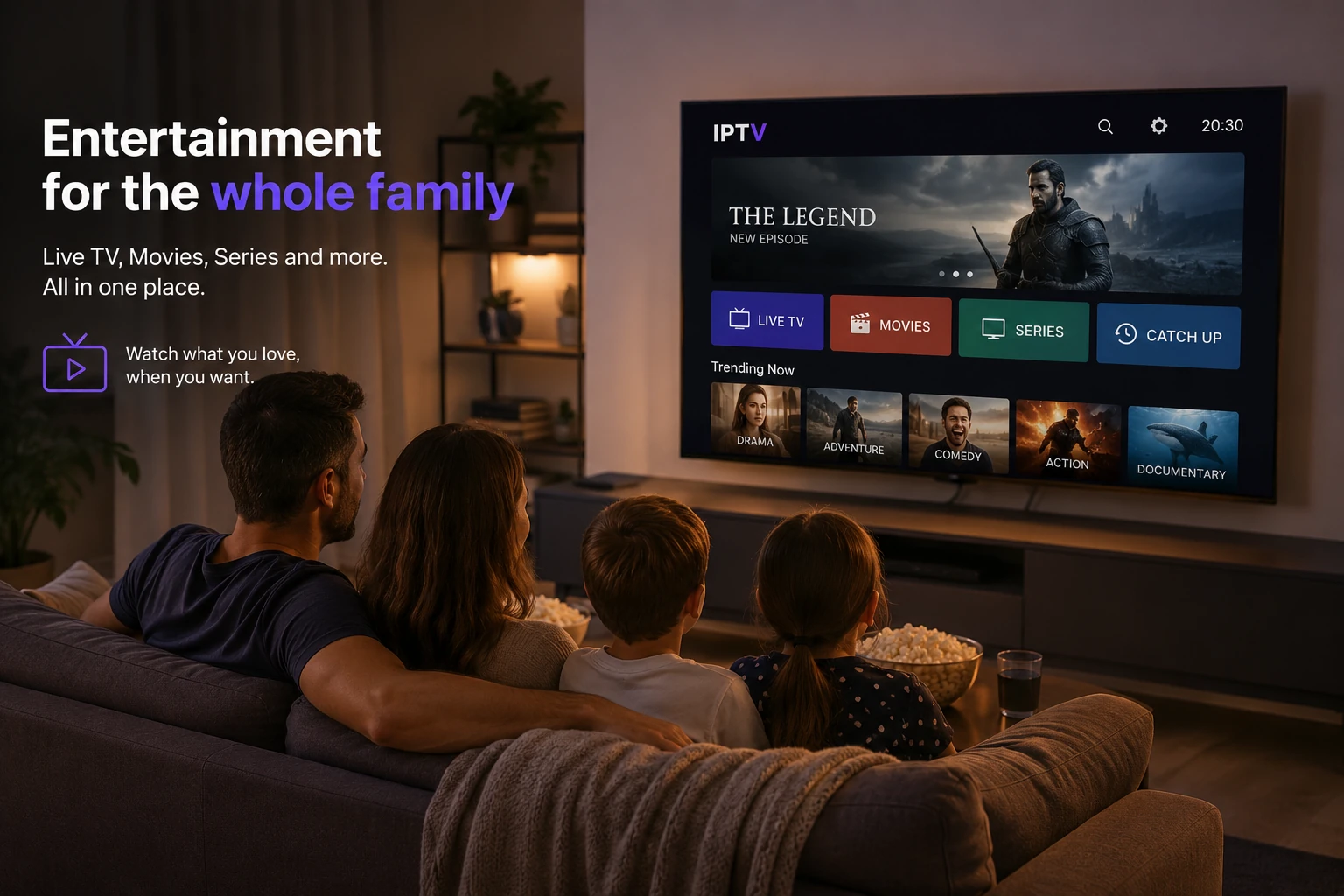 Family watching premium IPTV streaming together on TV