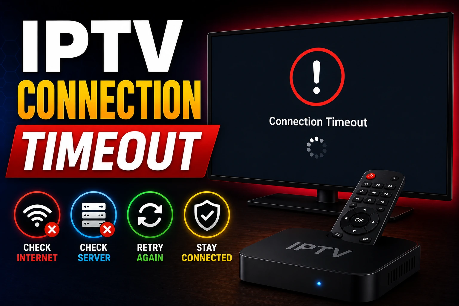 IPTV Connection Timeout Fix - Resolve IPTV timeout errors. Fix DNS, firewall, and network configuration issues. Complete troubleshooting guide for all devices.