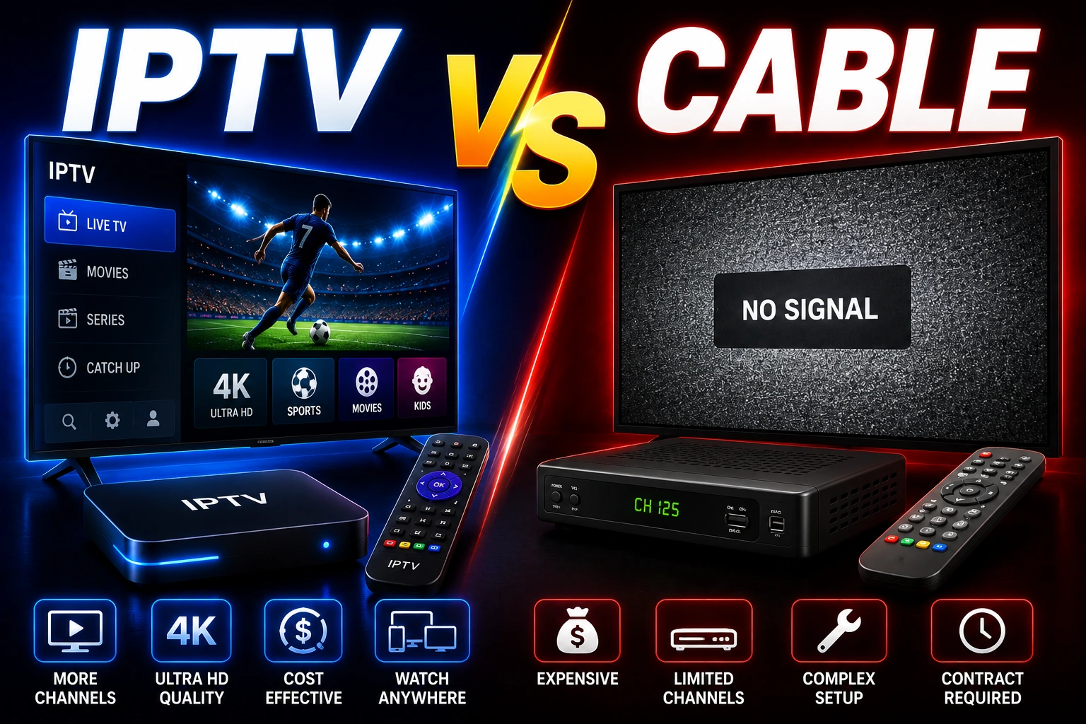 IPTV vs Cable TV - Complete comparison of IPTV and cable TV. Pricing, channel selection, quality, reliability, and which is better for you in 2026.