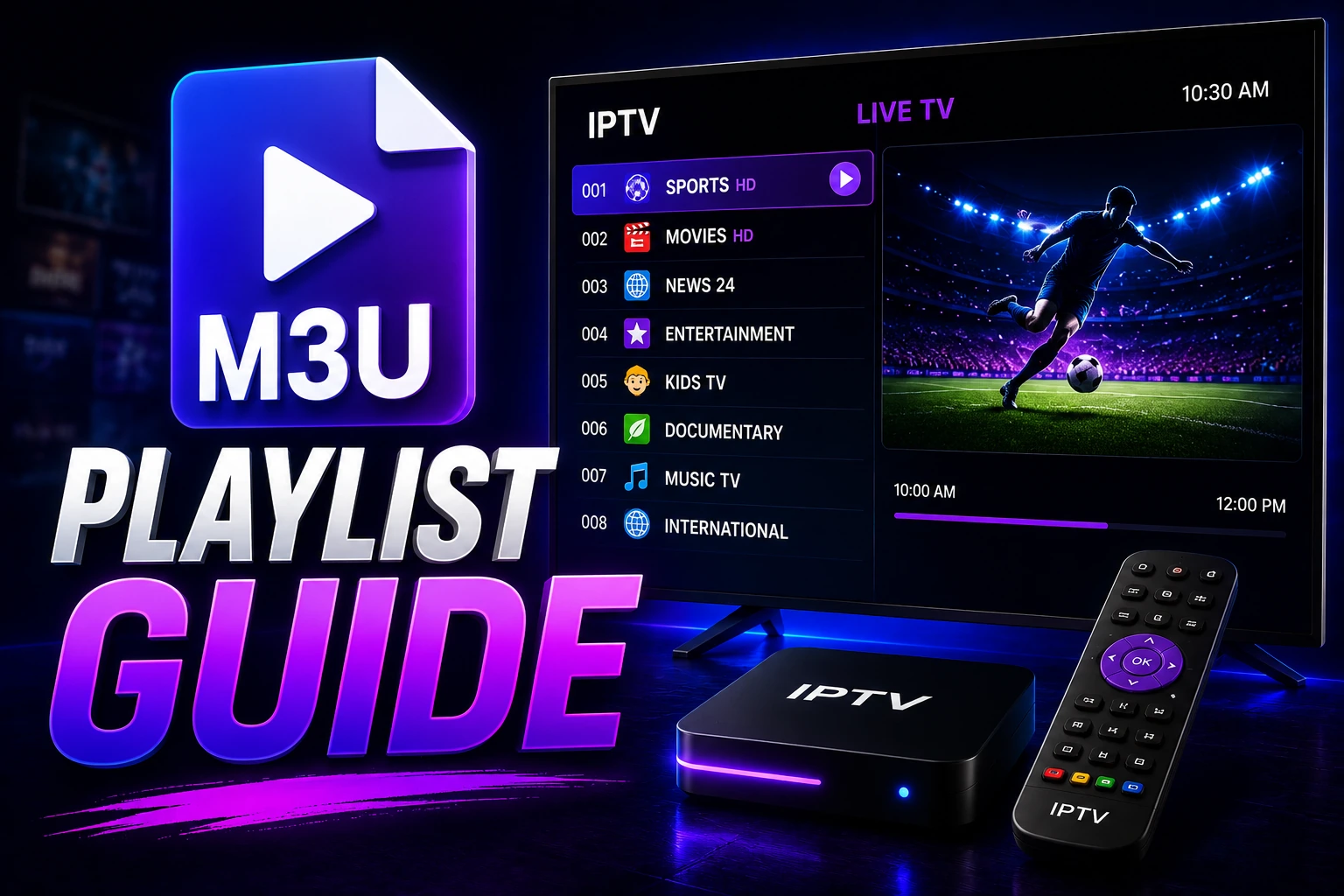 M3U Playlist Guide - Complete M3U playlist guide for IPTV. Learn M3U format, create custom playlists, edit channels, add EPG, and load playlists in any player.