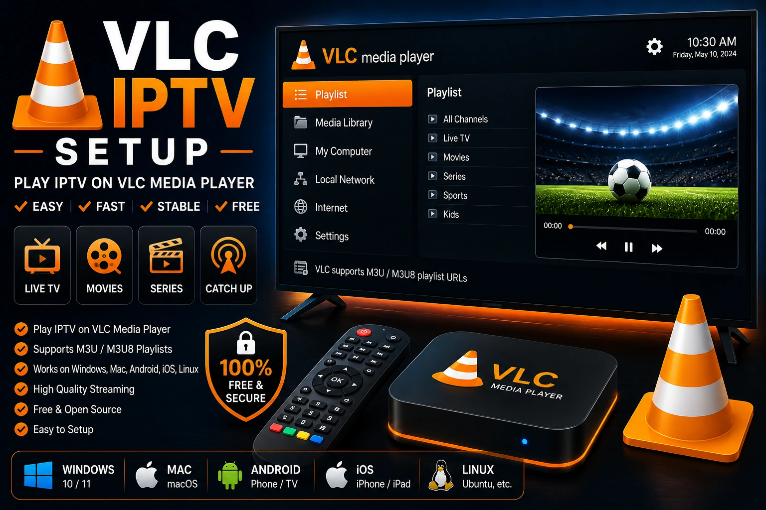 VLC IPTV Setup - Step-by-step guide to setup IPTV on VLC Player. Load M3U playlists, optimize settings, and troubleshoot common issues. Works on Windows, Mac, Linux.
